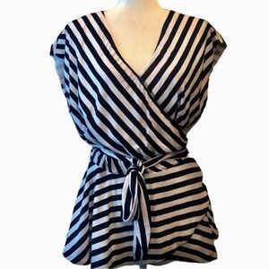LOFT Women Top, Wrap Blouse in Blue and White Stripes, Size M